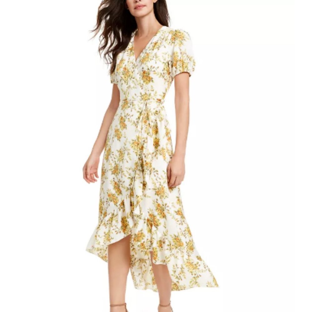 Leyden Floral Print Wrap Midi Dress Size Medium Golden Bouquet multicolored New